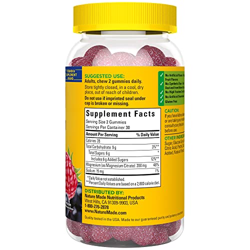 Nature Made High Absorption Magnesium Citrate 200 mg per serving, Dietary Supplement for Muscle, Nerve, Bone and Heart Support, 60 Gummies, 30 Day Supply