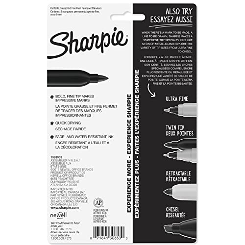 SHARPIE Permanent Markers, Fine Point, Assorted Colors, 5 Count