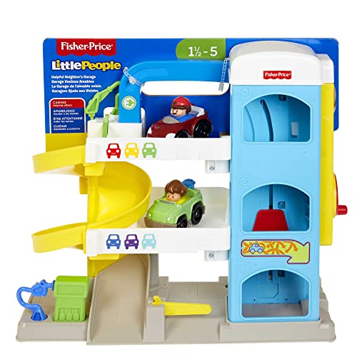 Fisher-Price Little People Toddler Toy Helpful Neighbor's Garage Playset with Spiral Ramp and 2 Wheelies Cars for Ages 18+ Months