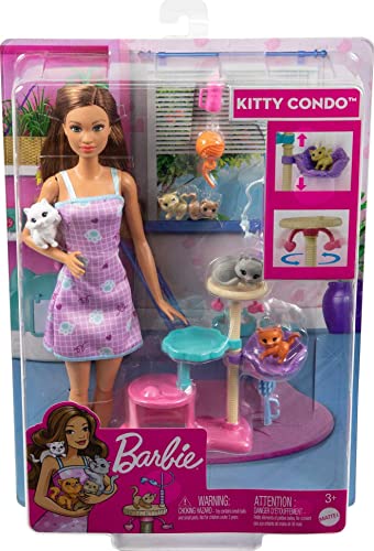 Barbie Kitty Condo Doll and Pets Playset with Barbie Doll (Brunette), 1 Cat, 4 Kittens, Cat Tree & Accessories, Toy for 3 Year Olds & Up