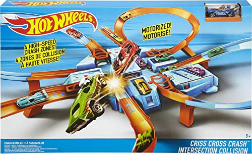 Hot Wheels Track Set with 1:64 Scale Toy Car, 4 Intersections for Crashing, Powered by a Motorized Booster, Criss-Cross Crash Track (Amazon Exclusive)