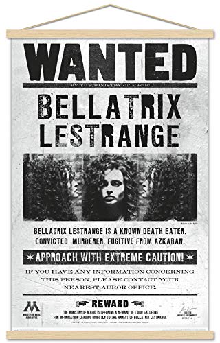 Trends International The Wizarding World: Harry Potter - Bellatrix Wanted Poster Wall Poster, 22.375" x 34", Premium Print and Beechwood Hanger Bundle