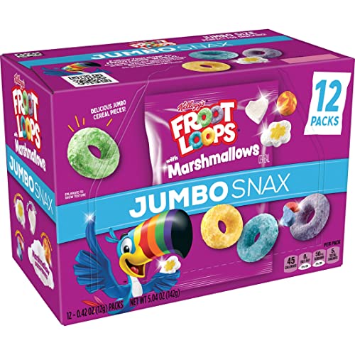 Kellogg's Jumbo Snax Froot Loops Cereal Snacks, Lunch Box Snacks, Fruit Flavored, Original with Marshmallows, 5.04oz Box (12 Packs)