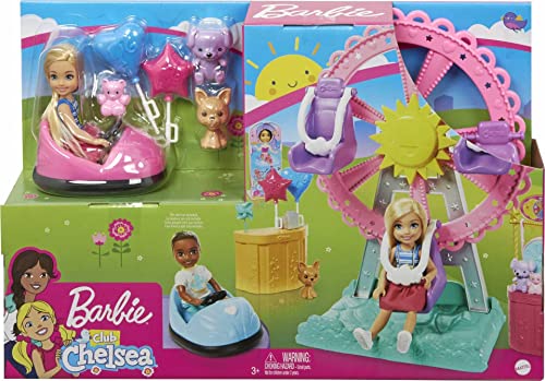 Barbie Club Chelsea Doll and Carnival Playset, 6-inch Blonde Wearing Fashion and Accessories, with Ferris Wheel, Bumper Cars, Puppy and More, For 3 to 7 Year Olds