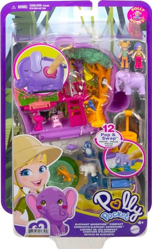 Polly Pocket Compact Playset, Elephant Adventure with 2 Micro Dolls & Accessories, Travel Toys with Surprise Reveals