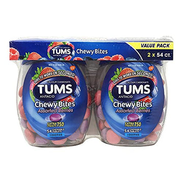 TUMS Chewy Bites Extra Strength Antacid Tablets for Chewable Heartburn Relief and Acid Indigestion Relief, Mixed Fruit, Blue,Mixed Fruit, 54 Count, Pack of 2