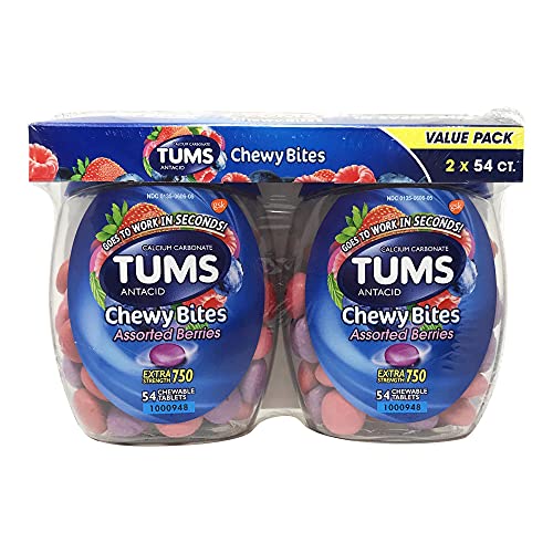 TUMS Chewy Bites Extra Strength Antacid Tablets for Chewable Heartburn Relief and Acid Indigestion Relief, Mixed Fruit, Blue,Mixed Fruit, 54 Count, Pack of 2