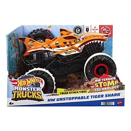 Hot Wheels Rc Monster Trucks Unstoppable Tiger Shark in 1:15 Scale, Remote-Control Toy Truck with Terrain Action Tires