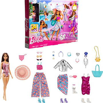 Barbie Doll and Fashion Advent Calendar, 24 Clothing and Accessory Surprises Like Swimsuit, Dress, Hat and Pet Kitten