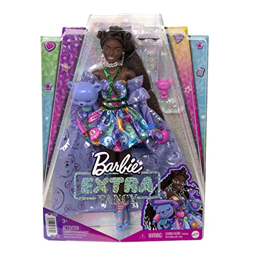 Barbie Extra Fancy Doll in Teddy-Print Gown with Sheer Train, Teddy Bear Pet, Extra-Long Hair & Accessories, Flexible Joints, Toy for 3 Year Olds & Up