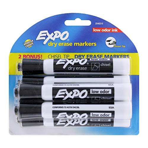 EXPO Low Odor Dry Erase Markers Chisel Tip Black 6 Count Non Toxic Ink Quick Drying Smear Proof for Classrooms Office Homes - Used On Most Whiteboards Glass and Non porous Surfaces