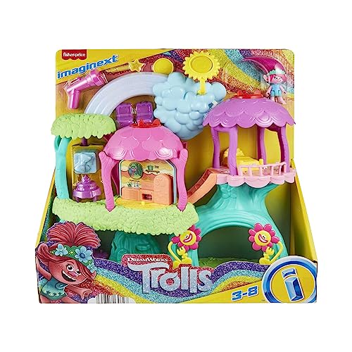 Fisher-Price Imaginext DreamWorks Trolls Musical Toy Playset, Lights & Sounds Rainbow Treehouse with Poppy Figure & 7 Play Pieces for Preschool Kids
