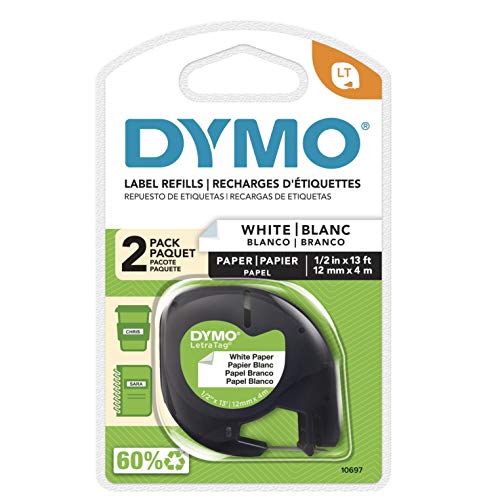 DYMO LetraTag Labeling Tape for LetraTag Label Makers, Black Print on White Paper Tape, 1/2'' W x 13' L, 2 Rolls (10697)