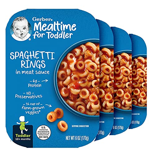 Gerber Mealtime for Toddler Spaghetti Rings in Meat Sauce, Toddler Meal Made with Protein & No Preservatives, Just Heat & Serve, 6-Ounce Tray (Pack of 4)