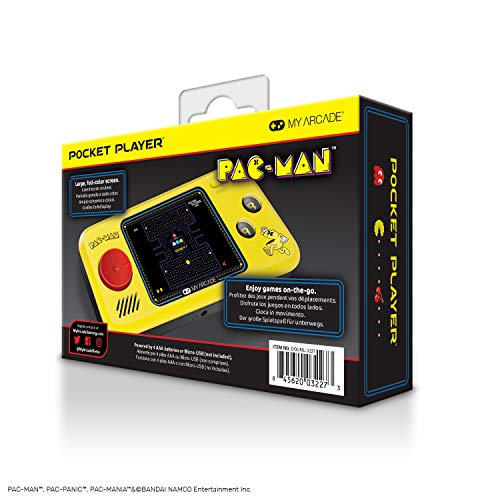 My Arcade Pocket Player Handheld Game Console: 3 Built In Games, Pac-Man, Pac-Panic, Pac-Mania, Collectible, Full Color Display, Speaker, Volume Controls, Headphone Jack, Battery or Micro USB Powered