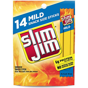 Slim Jim Mild Snack Sticks, Easy, On-the-Go School, Work and Travel Snacks, 0.28 OZ Meat Snacks, 14 Count Box
