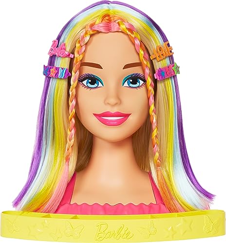 Barbie Doll Deluxe Styling Head with Color Reveal Accessories and Straight Blonde Neon Rainbow Hair, Doll Head for Hair Styling