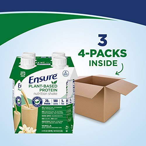 Ensure 100% Plant-Based Vegan Protein Nutrition Shakes with 20g Fava Bean and Pea Protein, Vanilla, 11 fl oz,(Pack of 12)