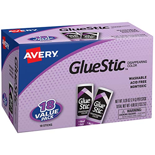 Avery Glue Stic Disappearing Purple Color, 0.26 oz., Washable, Nontoxic, Permanent Adhesive, 18 Glue Sticks (98079)