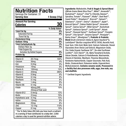 Purely Inspired Greens Superfood Power Superfood Greens Powder Vitamin C & Zinc for Immune Support + Vitamin D Smoothie Mix 13 Fruits & Vegetables 31 Servings