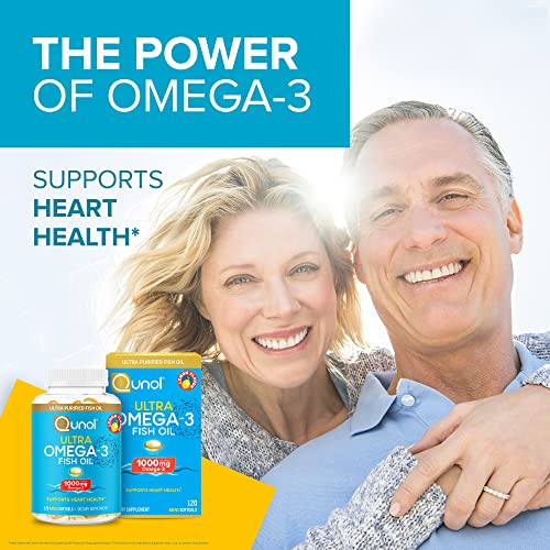 Qunol Omega 3 Fish Oil Mini Softgels, 1000mg Ultra Pure Fish Oil, Heart Health Support, Omega 3 DHA Supplements, Lemon Flavor, 2 Month Supply, 120 Count