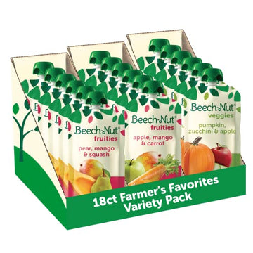 Beech-Nut Baby Food Pouches Variety Pack, Farmer's Favorites Fruit & Veggie Purees, 3.5 oz (18 Pack)