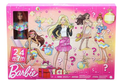 Barbie Advent Calendar with Barbie Doll (12-in), 24 Surprises Including Day-to-Night Trendy Clothing & Accessories, Festive Holiday Themed Packaging for Kids 3 to 7 Years Old