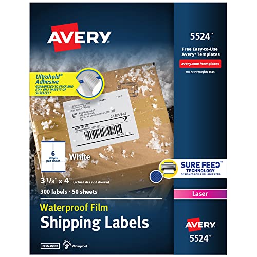 Avery Waterproof Printable Shipping Labels with Sure Feed, 3-1/3