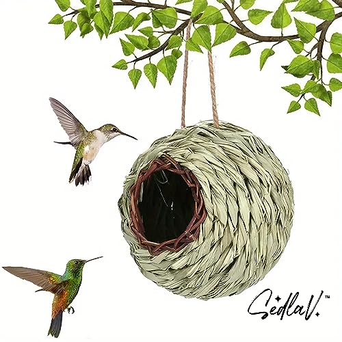 SEDLAV Handmade Natural Straw Bird Nest & Hummingbird Houses for Outside – Nesting Hummingbirds, Eco-Friendly Winter & Summer Bird Perch House Decor, Hummingbird Nest House with Hummingbird Ring