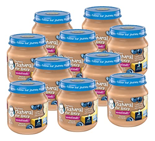 Gerber Natural for Baby Wonder Foods 2nd Foods Baby Food Jar, Banana Blueberry, Made with Natural Fruit & Vitamin C, Non-GMO Baby Food, 4-Ounce Glass Jar (Pack of 10)