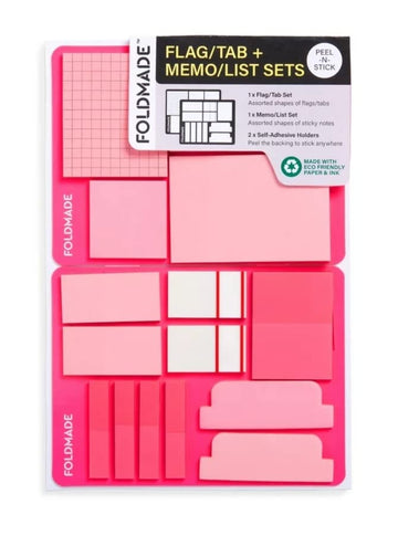 Foldmade Flag Tab Note Pad Set - Neon Pink, 620 Count, Peel-N-Stick Holder