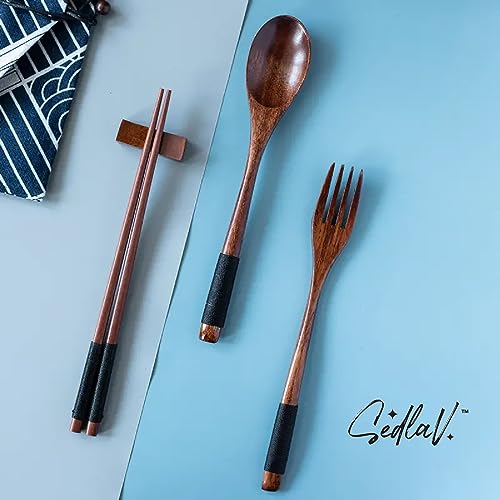 SEDLAV - 3Pcs/Set Wooden Utensils - Chopstick Set, Japanese-Style Retro Design, Natural & Safe Material - Travel Utensils with Case, Portable Reusable Utensils Set with Case