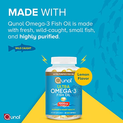 Qunol Omega 3 Fish Oil Mini Softgels, 1000mg Omega 3 EPA + DHA, Ultra Pure Fish Oil Supplements, Heart Health Support, Lemon Flavor, Easy to Swallow Minis, 1 Month Supply, 60 Count
