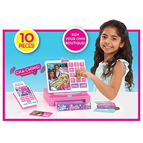 Barbie Trendy Cash Register with Sounds, Pretend Money, and Credit Card Reader, 9 Piece Playset, Kids Toys for Ages 3 Up by Just Play