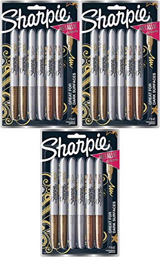 Sharpie Metallic Permanent Markers, Fine Point, Assorted Metallic, 6 Count Pack of 3