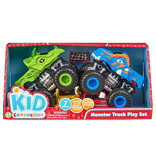 Your Kid-Connection Brand 4xDino Truck 2-Pack with Giant Wheels - Strong, Well-Built Toy Trucks for Kids - American Favorite! Powerful friction torque with 1 push when you charge Forward or backwards.
