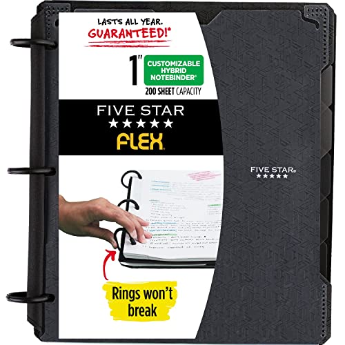 Five Star Flex Refillable Notebook + Study App, College Ruled Paper, 1 Inch TechLock Rings, Pockets, Tabs and Dividers, 200 Sheet Capacity, Customizable Cover, Black (29326AA2)
