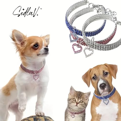 SEDLAV Shiny Love Heart Alloy Bling Cat Collars - Cute Rhinestone Inlaid, Stretchy Elastic Small Collars for Dogs & Cats - Portable & Practical for Outdoor Use - Heart Necklace Pet Decoration Style