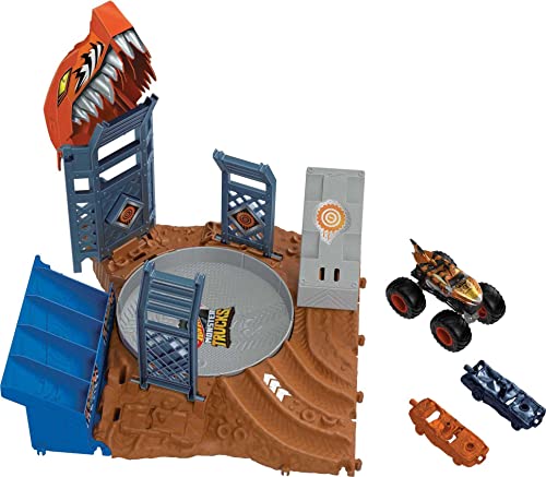 Hot Wheels Monster Trucks Arena Smashers Tiger Shark Spin-Out Challenge with a 1:64 Scale Tiger Shark and 2 Crushable Cars, HNB93