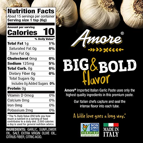 Amore Vegan Garlic Paste In A Tube - Non GMO Certified and Made In Italy 3.2 Ounce (Pack of 12)