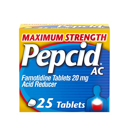 Pepcid AC Maximum Strength Heartburn Relief Tablets, Prevents & Relieves Heartburn Due to Acid Indigestion & Sour Stomach, 20mg of Famotidine to Reduce & Control Acid, Fast-Acting, 25 Ct