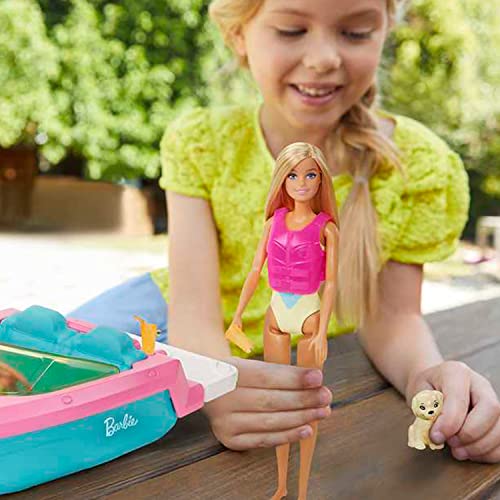 Barbie Doll and Boat Playset with Pet Puppy, Life Vest and Accessories, Fits 3 Dolls & Floats in Water, For 3 to 7 Year Olds