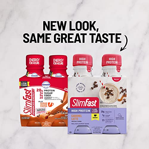 SlimFast Advanced Energy Caramel Latte Shake – Ready to Drink Meal Replacement – 20g of Protein, 11 fl. oz. Bottle, 4 Count (Packaging May Vary)