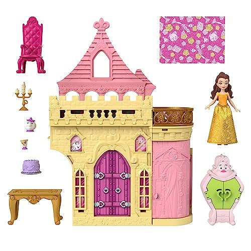 Mattel Disney Princess Toys, Belle Stackable Castle Doll House Playset with Small Doll and 8 Pieces, Inspired by the Mattel Disney Movie, Kids Travel Toys