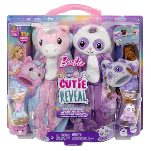 Barbie Cutie Reveal Gift Set with 2 Dolls & 2 Pets, Cozy Cute Tees Slumber Party with 35+ Surprises, Color Change & Costume Sleeping Bags