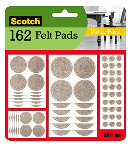 Scotch Felt Furniture Pads 162 PCS Furniture Pads for Hardwood Floors, Round, Beige, Assorted Sizes Value Pack