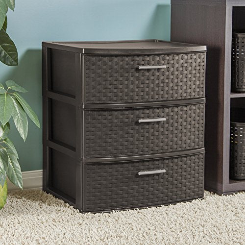 Sterilite 25306P01 3-Drawer Wide Weave Tower, Espresso Frame & Drawers w/ Driftwood Handles, 4-Pack