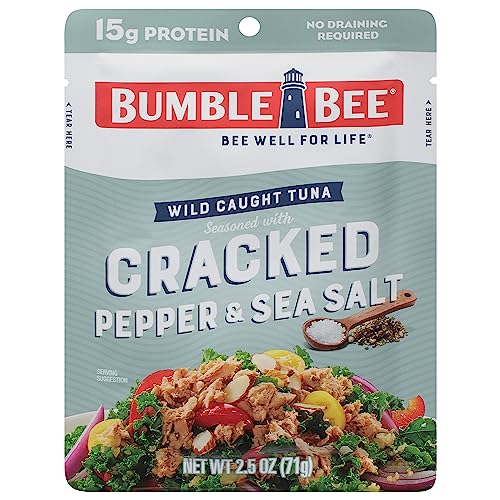 Bumble Bee Cracked Pepper & Sea Salt Seasoned Tuna, 2.5 oz Pouches (Pack of 12) - Ready to Eat - Wild Caught Tuna Pouch - 14g Protein per Serving - Gluten Free