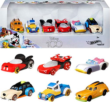 Hot Wheels Disney Character Cars, Set of 6 Classic Disney Characters as 1:64 Scale Toy Cars, Special Disney100 Collector’s Packaging, Gift for Kids and Collectors