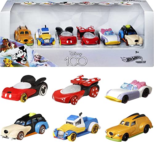 Hot Wheels Disney Character Cars, Set of 6 Classic Disney Characters as 1:64 Scale Toy Cars, Special Disney100 Collector’s Packaging, Gift for Kids and Collectors